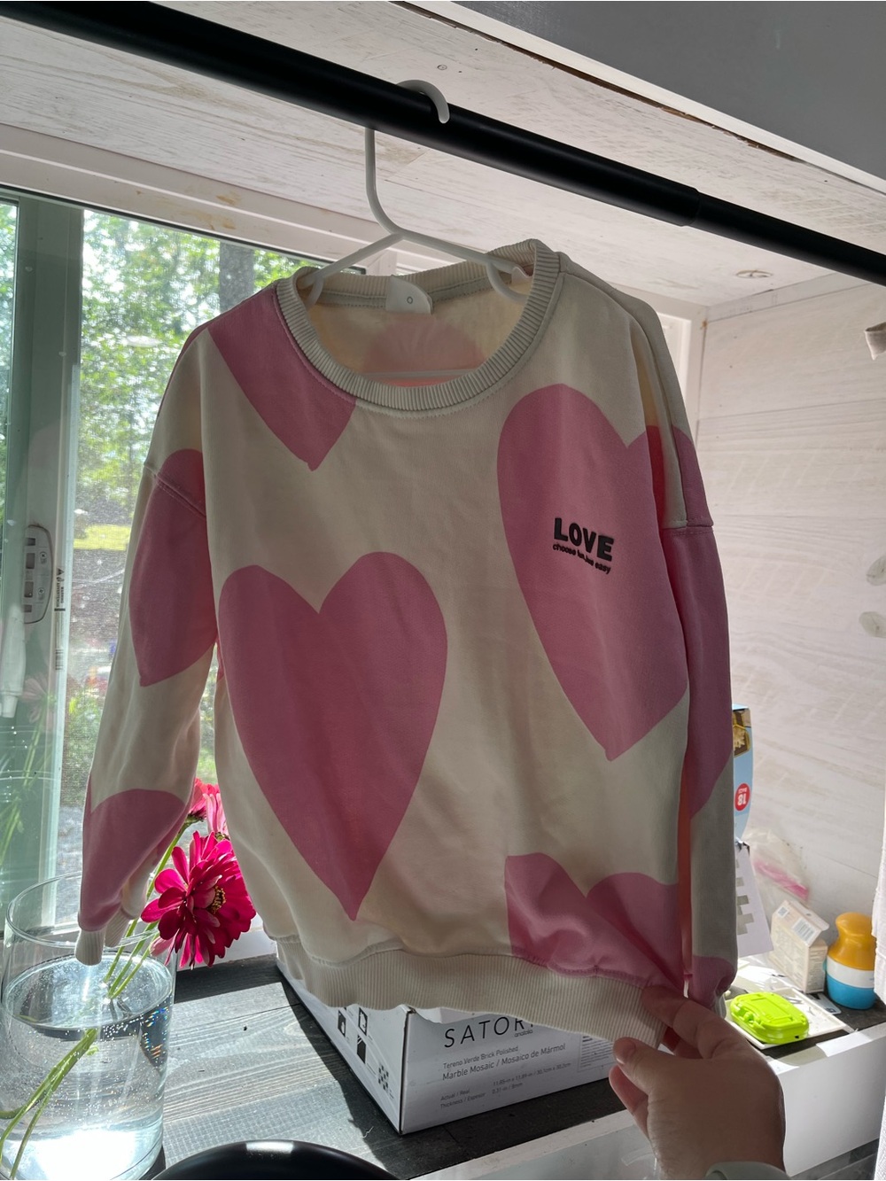 Zara Cream Sweatshirt with Pink Heart Print